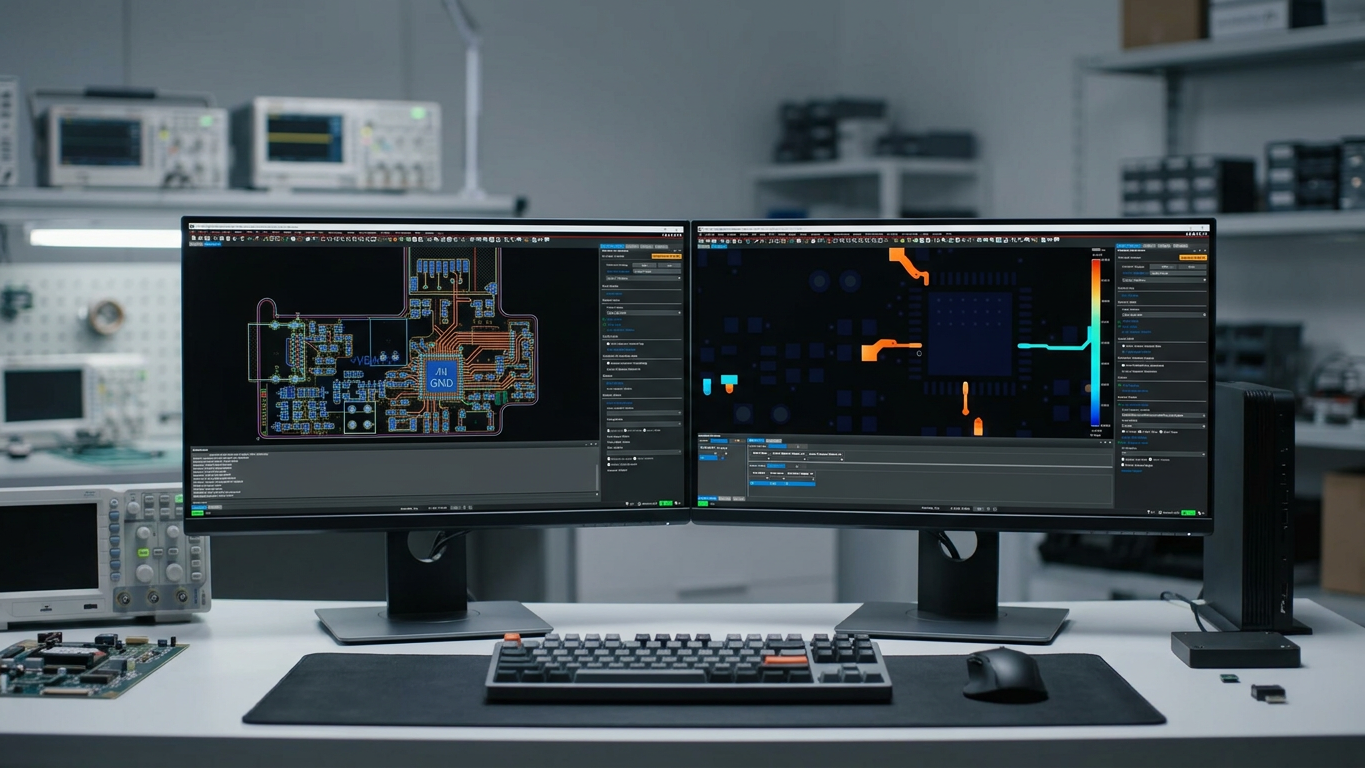 Dual-monitor engineering workstation running Allegro X PCB layout and Sigrity analysis