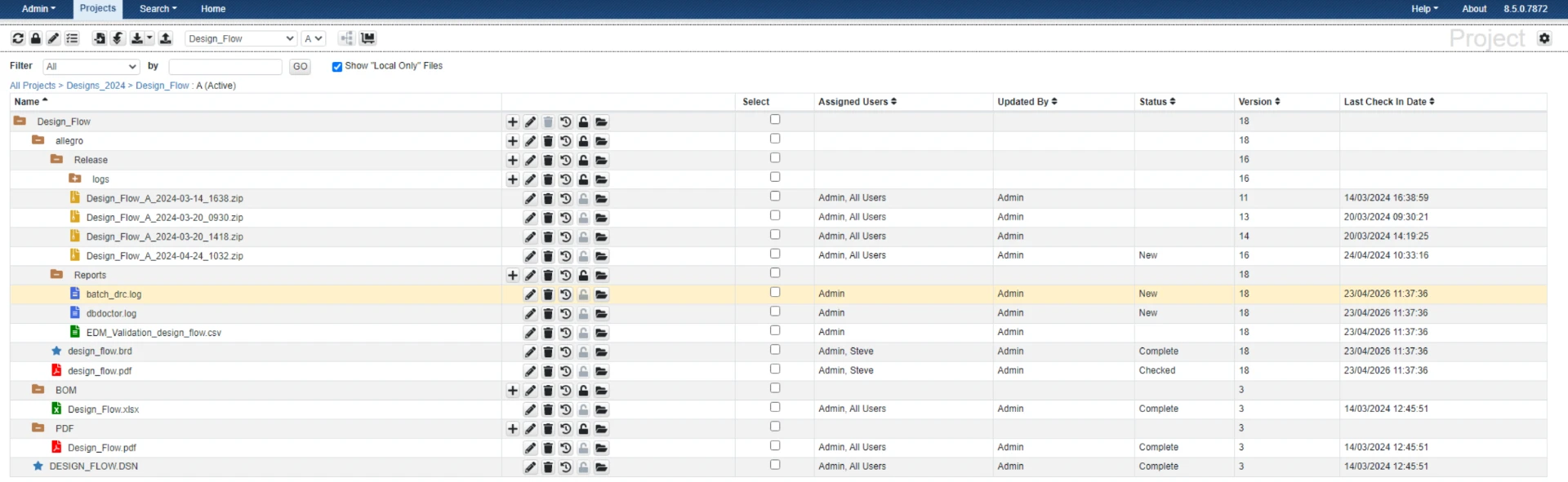 EDM repository showing a design project's folders, files, versions, statuses and check-in dates