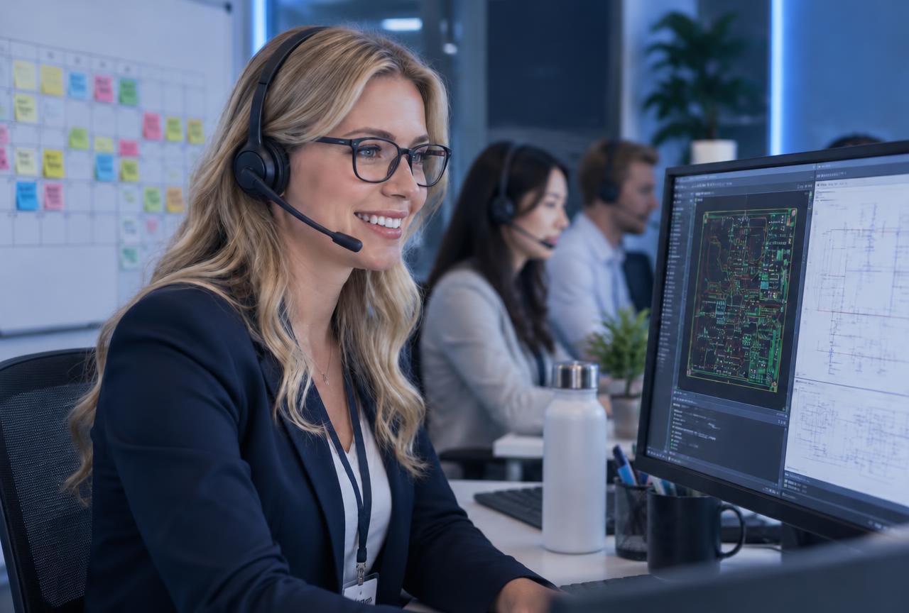 Smiling Parallel Systems support specialist wearing a headset at her computer