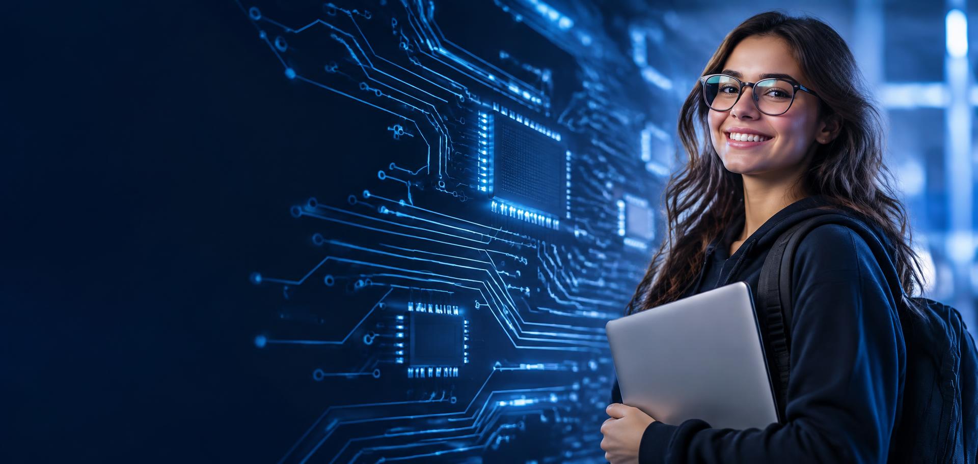 Smiling student in glasses holding a laptop beside glowing circuit board traces