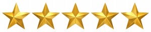 Five golden stars, best rating - 3d render