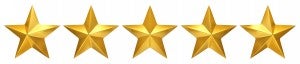 Five golden stars, best rating - 3d render Five golden stars, best rating - 3d render